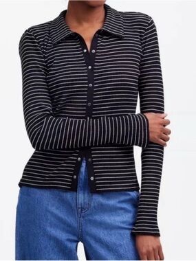 Madewell Striped Black & White snap front cardigan top Size XL NWOT